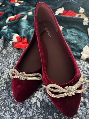 Lane Bryant Burgundy Velvet Pointed Toe Flats with silver Knot